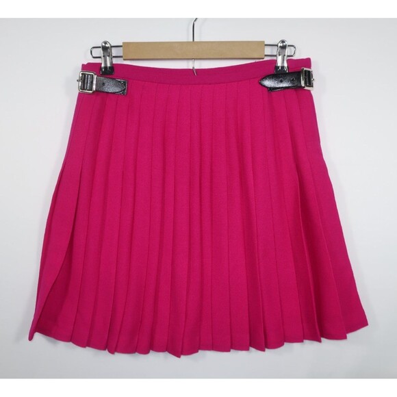 Pink Scottish Kilt Women's Size 12 Wool Mini Leather Buckles Crepe Punk Pleats - Picture 2 of 12